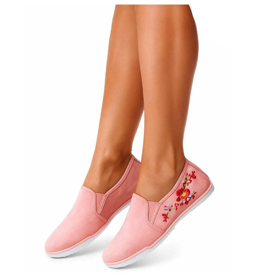 Różowe tenisówki z kwiatowym haftem /F5-2 13410 T149/