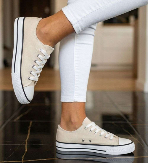 Klasyczne trampki damskie z niską cholewką beżowe /C1-2 18672 G185/