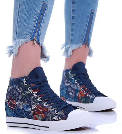 Wysokie sznurowane trampki na niskim koturnie Flower Blue /F1-2 8087 S190/
