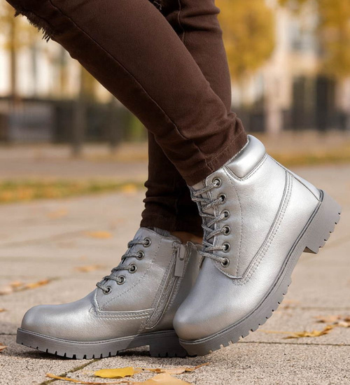 Zimowe dziewczęce botki trapery sznurowane Srebrne /E6-1 18533 T284/