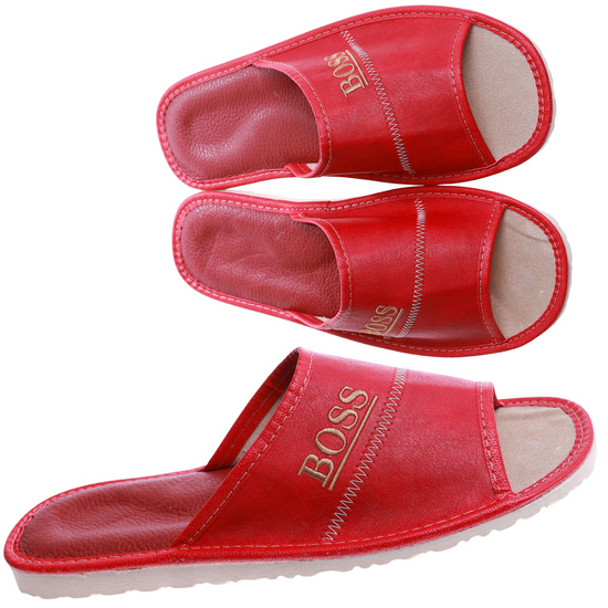 Skórzane męskie klapki domowe BOSS Czerwone /B5-1 17323 S199/