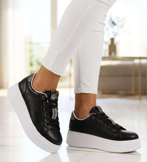 Czarne sznurowane damskie trampki na platformie /F6-2 16234 G360/