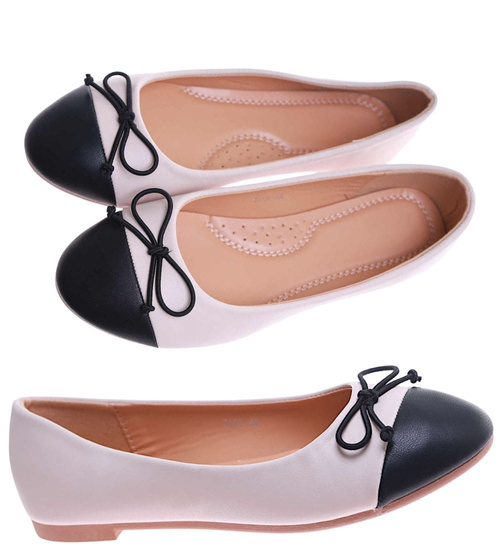 Beżowo czarne baleriny damskie z kokardą /E7-2 17533 G133/