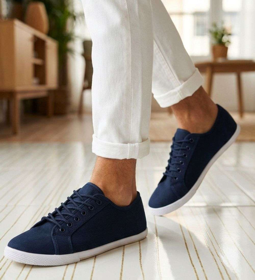 Sznurowane granatowe trampki męskie z tkaniny /D3-3 18720 T280/