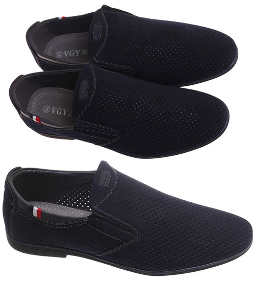 Wsuwane ażurowe męskie półbuty Granatowe /B5-3 17867 T398/