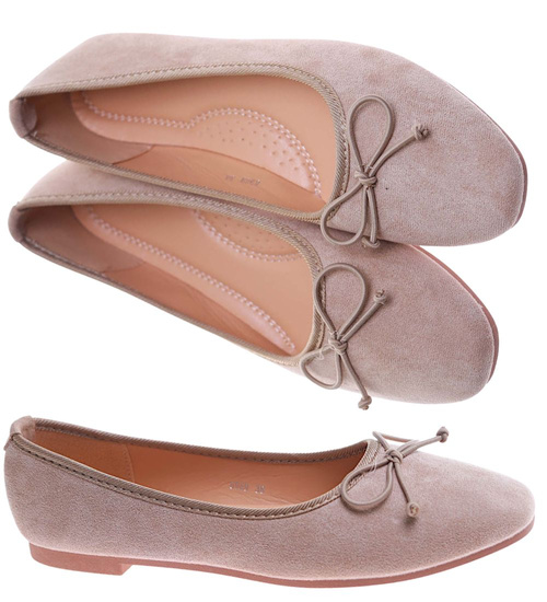 Zamszowe baleriny damskie z kokardą Ciemno beżowe /A9-2 17546 G133/