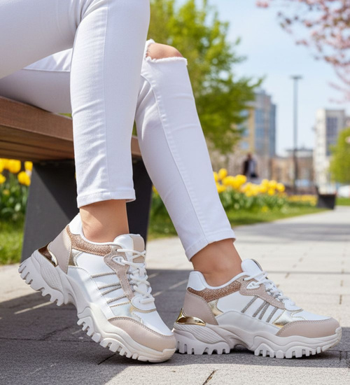 Sznurowane biało beżowe buty sportowe na platformie /G8-2 16805 T683/