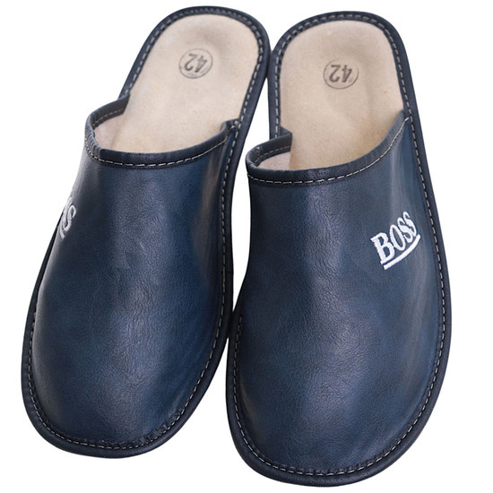 Skórzane męskie kapcie na prezent Boss Granatowe /F1-1 7893 S196/