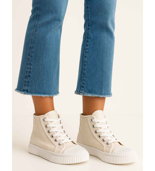 Beżowe wysokie sznurowane trampki damskie /D7-1 15690 T134/