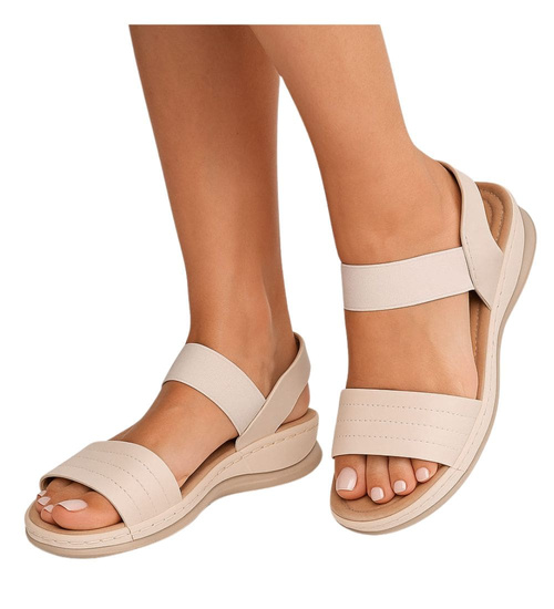 Sandały damskie na niskim koturnie Beżowe /F1-1 17871 T231/