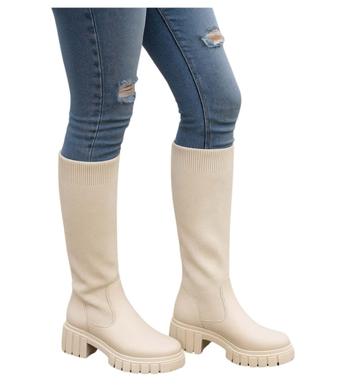 Beżowe kozaki damskie na platformie /A1-1 18088 T390/