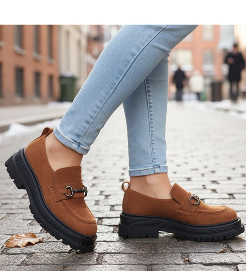 Karmelowe półbuty loafersy na platformie /G6-2 18486 T200/