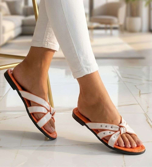 Pomarańczowo białe klapki na płaskim obcasie /H2 14339 T005/