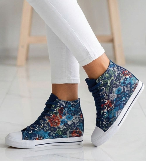 Wysokie sznurowane trampki na niskim koturnie Flower Blue /F1-2 8087 S190/