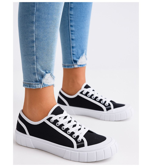 Czarne wiązane damskie trampki /C3-3 18068 T10-5/