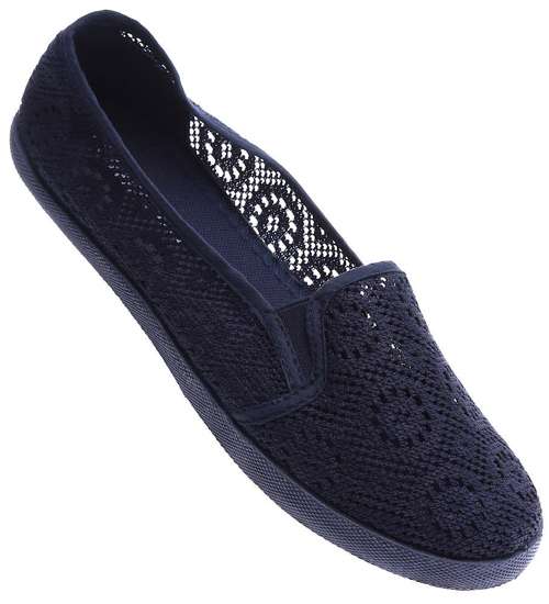 Ażurowe damskie tenisówki slip on z koronki Granatowe /G12-2 14600 S151/