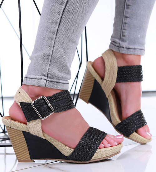 Czarne damskie sandały espadryle na koturnie /G5-3 16270 T192/