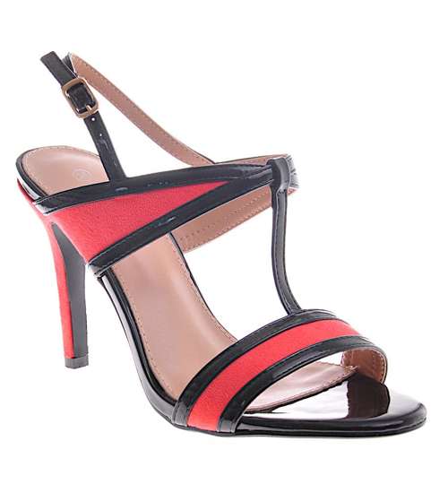 Czarne damskie sandały na szpilce z elementami różowego zamszu /D6-3 12224 T390/