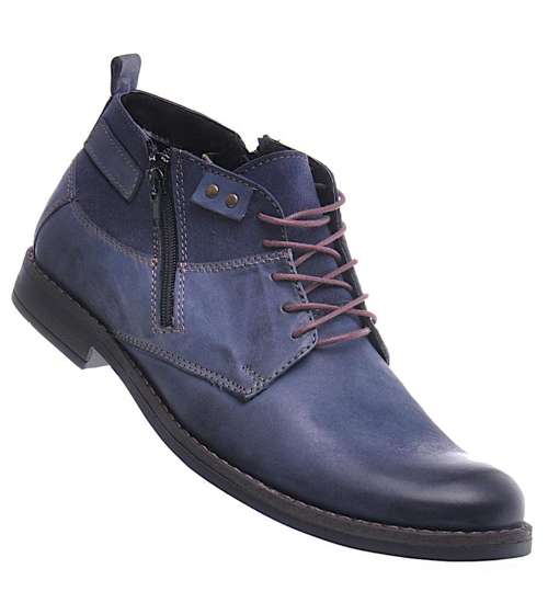 Ocieplane męskie buty sztyblety ze skóry naturalnej Granatowe /D4-3 12938 220 R153/